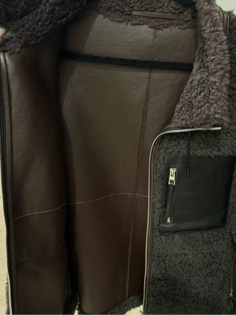 Men's Charcoal Sherpa Zip Jacket with Leather Chest Pocket Accent